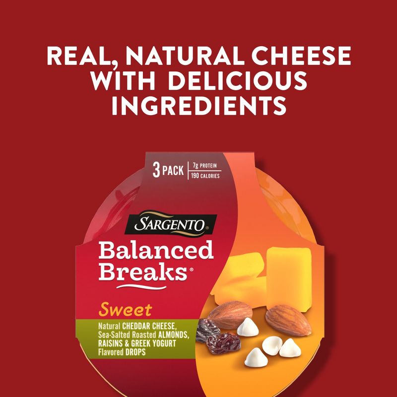 Sargento Sweet Balanced Breaks Natural Cheddar Cheese, Sea-Salted Roasted Almonds, Raisins and Greek Yogurt Flavored Drops - 4.5oz/3ct, 6 of 11