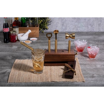Acacia Wood and Brass 5-Piece Bar Tool Set with Strainer and Jigger