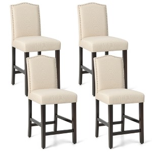 Costway Set of 4 Upholstered Bar stools 25'' Counter Height Chairs with Rubber Wood Legs Grey/Beige - 1 of 4