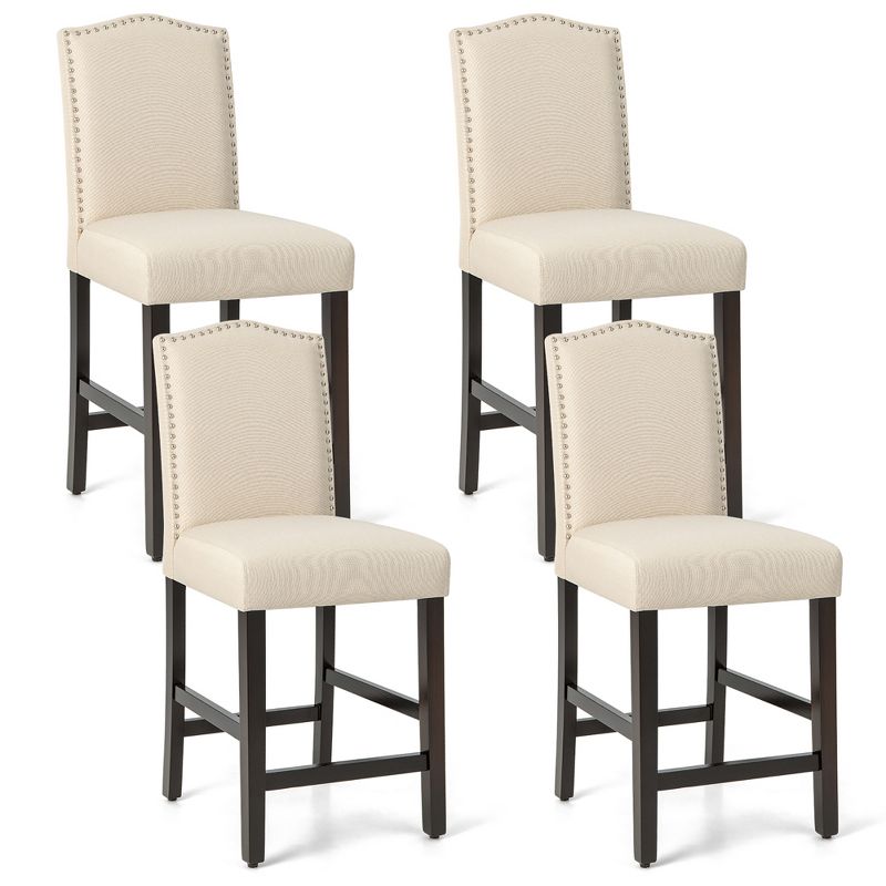 Costway Set of 4 Upholstered Bar stools 25'' Bar Height Chairs with Rubber Wood Legs Grey/Beige, 1 of 10