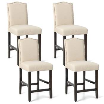 Costway Set of 4 Upholstered Bar stools 25'' Bar Height Chairs with Rubber Wood Legs Grey/Beige