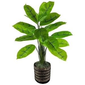 LCG Florals 36" Artificial Rubber Plant in Rattan Basket - Indoor Faux Floor Plant, Moss Filler - 1 of 4