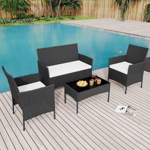 homfan 4 Pieces Outdoor Patio Furniture Sets, Rattan Patio Table and Chairs Set with Cushion and Coffee Table, Outdoor Furniture Bistro Set - 1 of 4
