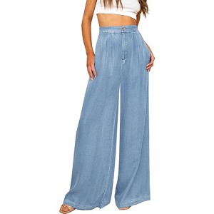 Women's Summer Fall High Waisted Loose Fit Straight Wide Leg Pants Button Down Back Elastic Waist Casual Comfortable Long Trousers - 1 of 4