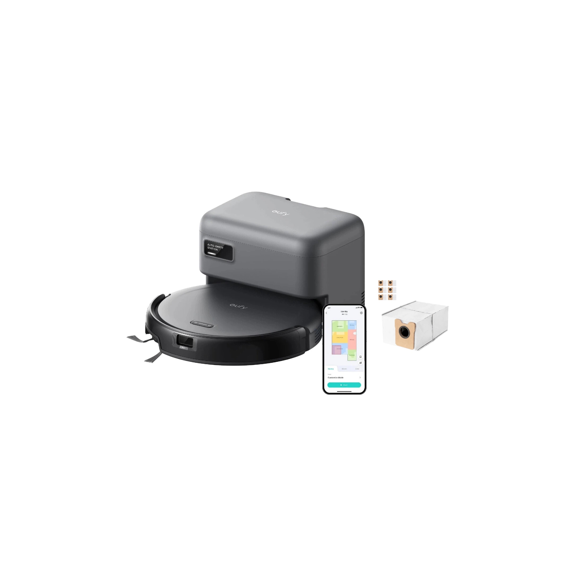eufy Robot Vacuum C10 with Self Emptying, 8 Weeks Hands Free, 2.85-Inch Slim Design, Edge Expansion Brush for Pet Hair +6 Pack Dust Bag