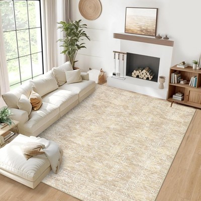 Machine Washable Indoor Rug, Non-Slip Low Pile Carpet for Living Room Hallway, Soft Geometric Design, Stain Resistant & Foldable