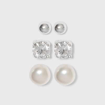 Sterling Silver Set of Three Cubic Zirconia Fresh Pearl and Ball Button Stud Earring Set 3pc - Silver