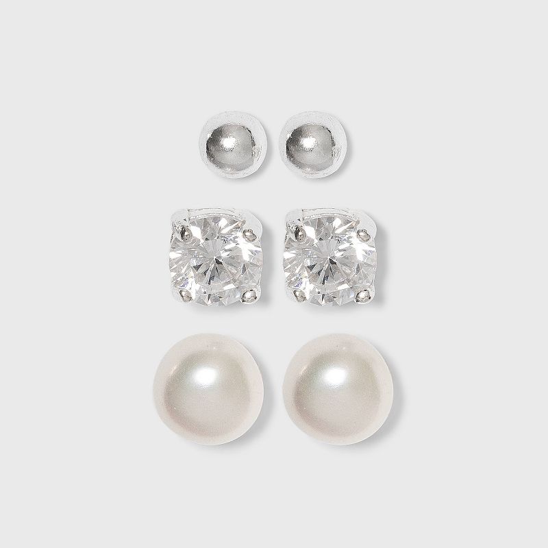 Sterling Silver Set of Three Cubic Zirconia Fresh Pearl and Ball Button Stud Earring Set 3pc - Silver, 1 of 3