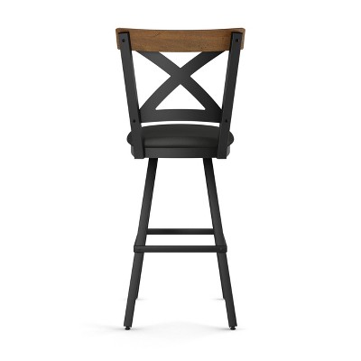 Rustic Farmhouse 28.5" Black Leather Swivel Stool with Crossback