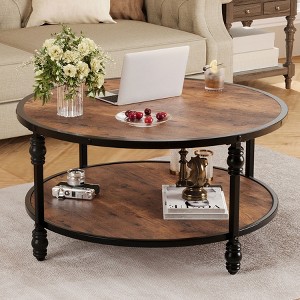 Round Coffee Table Industrial Center Table with Storage Shelf 2-Tier Rustic Accent Center Table Wood Circle Coffee Table - 1 of 4