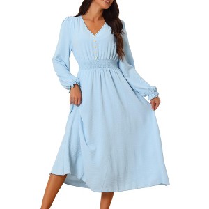 Seta T Women's Casual Long Sleeve Midi V Neck Vintage Smocked Waist Flowy Long Dress - 1 of 4