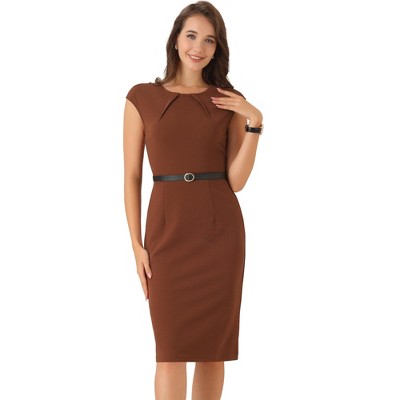 INSPIRE CHIC Women's Elegant Business Round Neck Belted Cap Sleeve Work Sheath Dresses