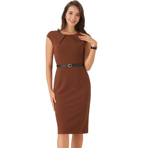 INSPIRE CHIC Women's Elegant Business Round Neck Belted Cap Sleeve Work Sheath Dresses - 1 of 4