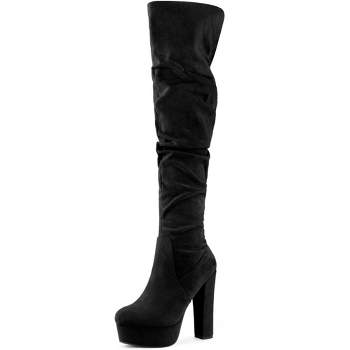 Allegra K Women's Platform Round Toe Zipper Chunky Heel Over the Knee Boots Black 7