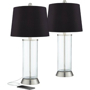 360 Lighting Watkin Modern Table Lamps 27 1/2" Tall Set of 2 Clear Glass Nickel with USB and AC Power Outlets in Base LED Black Drum Shade for Bedroom - 1 of 4