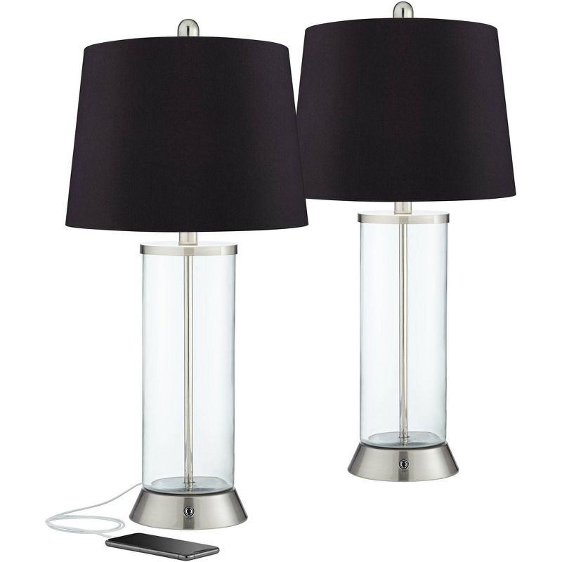 360 Lighting Watkin Modern Table Lamps 27 1/2" Tall Set of 2 Clear Glass Nickel with USB and AC Power Outlets in Base LED Black Drum Shade for Bedroom, 1 of 7