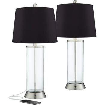 360 Lighting Watkin Modern Table Lamps 27 1/2" Tall Set of 2 Clear Glass Nickel with USB and AC Power Outlets in Base LED Black Drum Shade for Bedroom