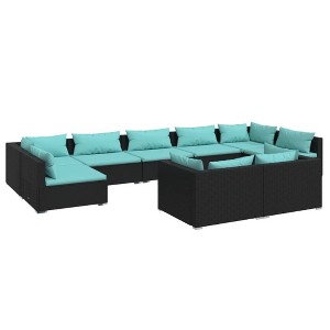 vidaXL - 9 Piece Patio Lounge Set with Cushions - Weather Resistant, Sturdy Steel Frame Design, Black Poly Rattan and Water Blue Fabric Cushions - 1 of 4