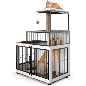 Dog Crate Furniture with Stairs, Wooden Dog Kennel Indoor with Double Doors, Cat Tree - 1 of 4