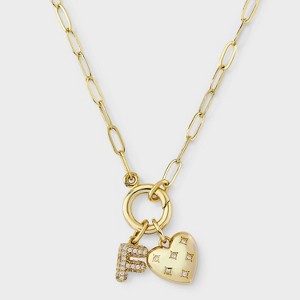 14K Gold Dipped Cubic Zirconia Puffy Heart Charm Initial Necklace - A New Day™ Gold - 1 of 4