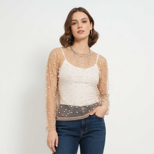 Women's Elegant Pearl & Rhinestone Sheer Top - Slim Fit Layering Blouse Cherie Code - 1 of 4
