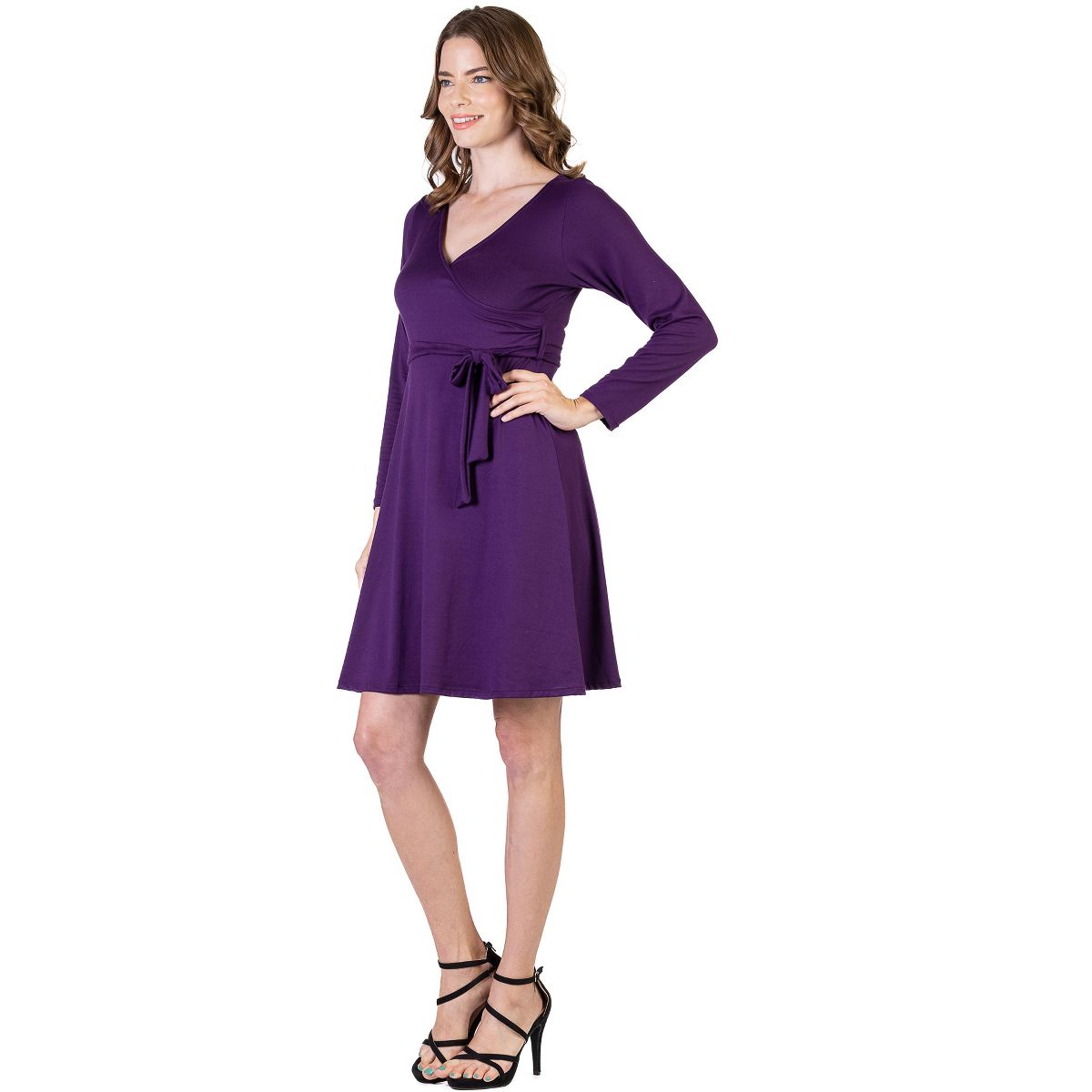 Womens Chic V-Neck Long Sleeve Knee Length A-Line Belted Wrap Dress - 24seven Comfort Apparel™ - thumbnail 6