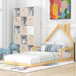 CAVINAS Twin Size Wood Montessori Bed,Modern Floor Bed with House-Shaped Headboard and Handrails,Toddler Bed for Bedroom - 1 of 4