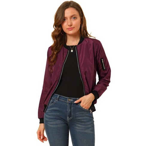 Allegra K Women's Casual Lightweight Zip-Up Bomber Jacket with Pockets Wine  Red X-Small