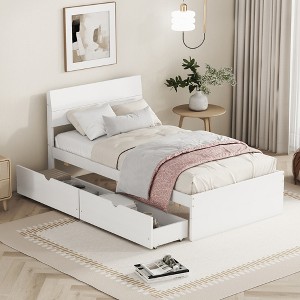 Whisen Modern Twin Bed Frame For White High Gloss Headboard and Footboard with Trundle or Drawers, Space-Saving Design - 1 of 4