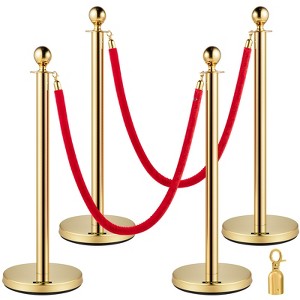 VEVOR Crowd Control Stanchion, Set of 4 Pieces Stanchion Set, Stanchion Set with 5 ft/1.5 m Red Velvet Rope, Crowd Control Barrier, Gold - 1 of 4
