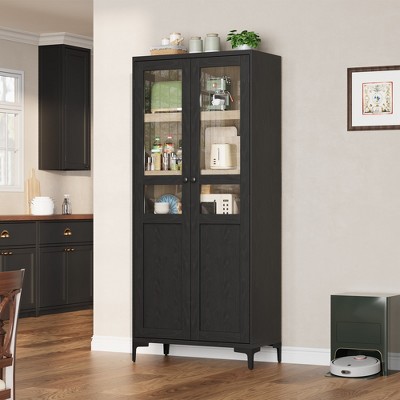 Tall Kitchen Pantry Cabinet, Food Storage Cabinet with 2 Glass Doors, 5 Tier Adjustable Shelves for Kitchen, Dining Room, Bathroom