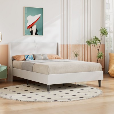VECELO Upholstered Full/Queen Size Bed Frame with Headboard & Wingback, Platform Bed with USB & Type-C Ports