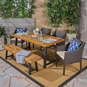 Christopher Knight Home Calero Outdoor Acacia Wood and Wicker 6 Piece Dining Set with Bench - 1 of 4