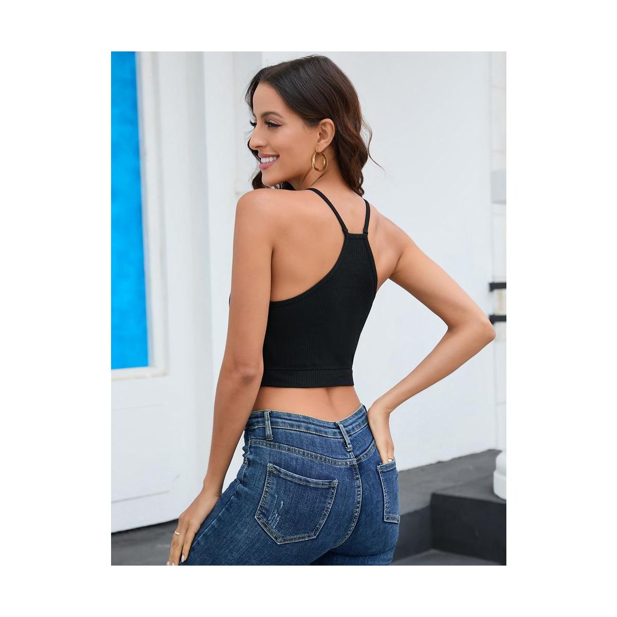 Womens Spaghetti Strap Camisole Tank Ribbed Cropped Basic Sleeveless Tops Sports Bra for Women Non Padding Yoga Bra Crop - thumbnail 2