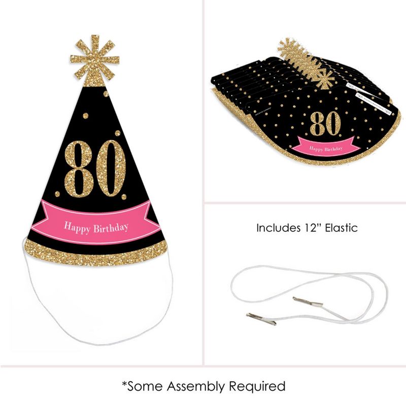 Big Dot of Happiness Chic 80th Birthday - Pink, Black and Gold - Cone Happy Birthday Party Hats for Adults - Set of 8 (Standard Size), 5 of 8