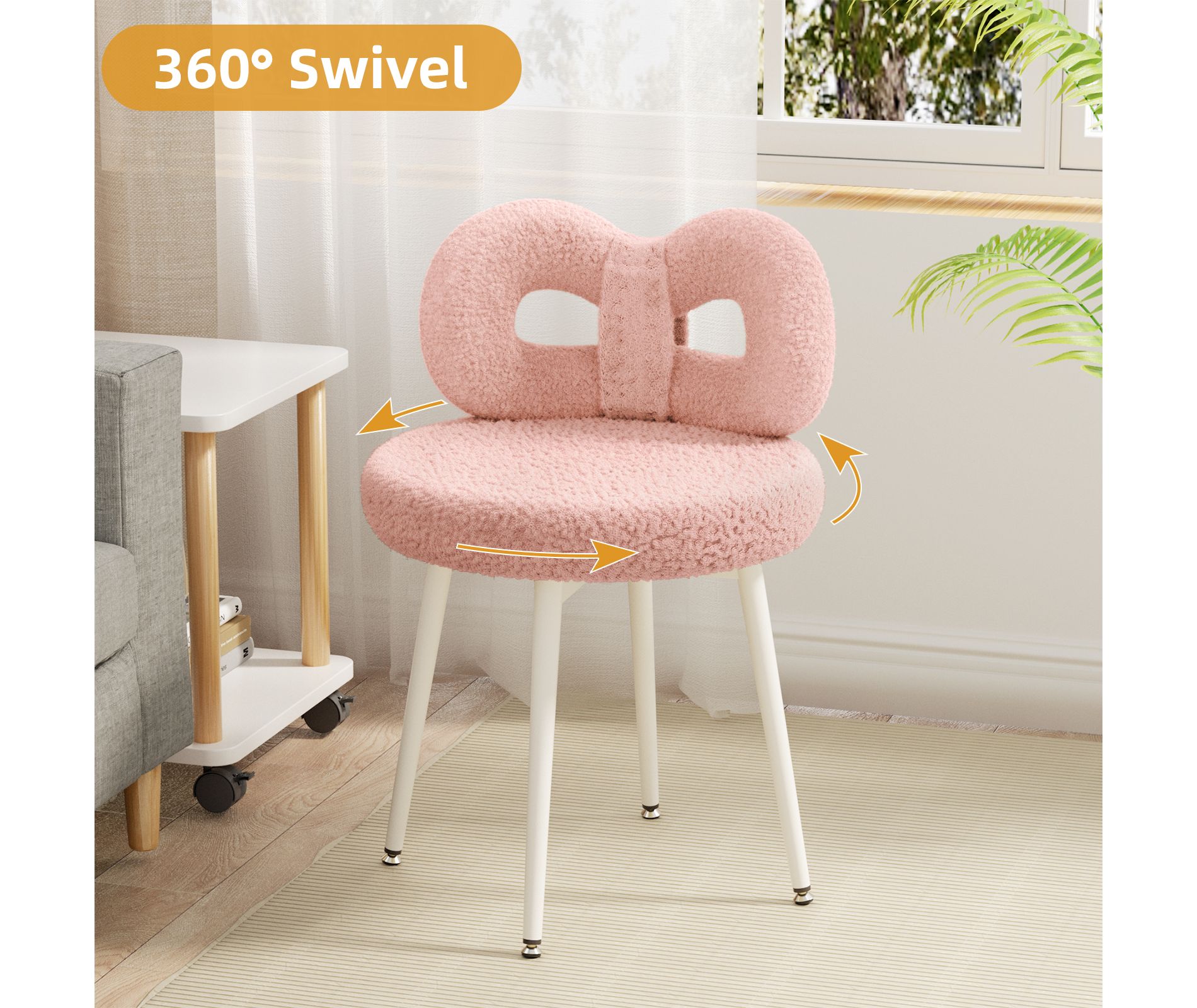 Vanity Chair with Back,Pink Makeup Chair, Swivel Design,No Wheels,Small Upholstered Vanity Chair for Girls with Cute Bow Backrestst for Bedroom