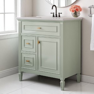 30" Bathroom Vanity with Sink, Freestanding White Cabinet with Flip Drawer, Solid Wood Frame, Ceramic Top, Adjustable Shelf - 1 of 4