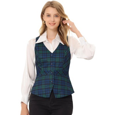 Allegra K Women's Plaid V Neck Single Breasted Sleeveless Racerback Waistcoat