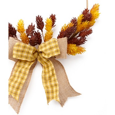 Cream and Gold Fall Harvest Floral Wreath with Plaid Bow