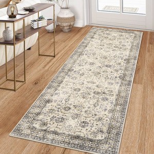 Vintage Machine Washable Rug for Living Room Non-Slip Non-Shedding Distressed Floral Printed Indoor Carpet - 1 of 4