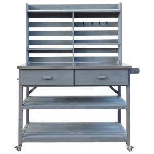 Gulches 64.9"H Outdoor Potting Bench with Lockable Wheels, 100% Fir Wood Kitchen Island, Stainless Steel Top, Upper Hutch & Storage - 1 of 4