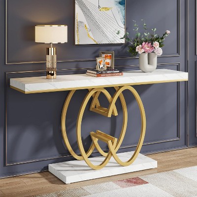 55'' White and Gold Faux Marble Console Table with Geometric Base