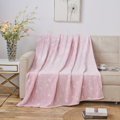 Pink Glow in the Dark Star Pattern Knitted Throw Blanket 50" x 60"