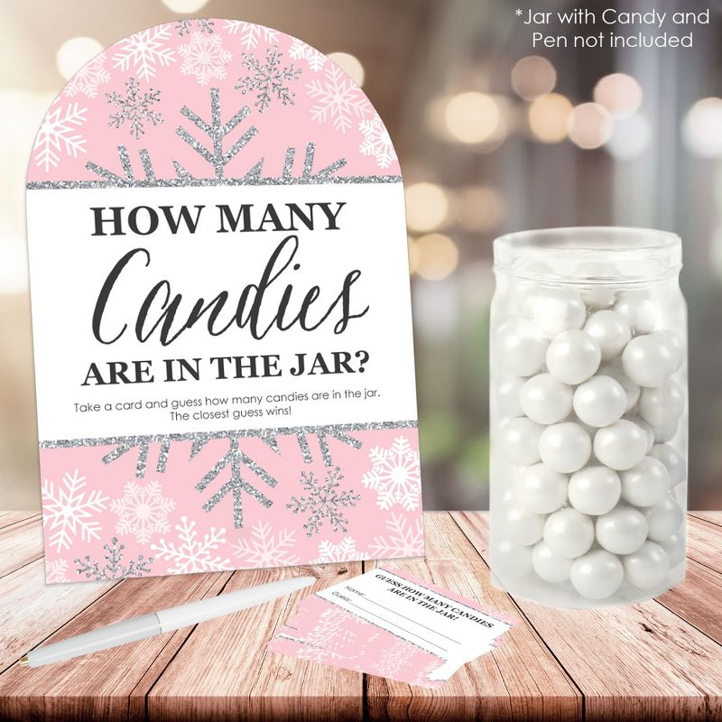 Big Dot of Happiness Pink Winter Wonderland Holiday Snowflake Birthday Party and Baby Shower Game - 1 Stand and 40 Cards - Candy Guessing Game, 2 of 9