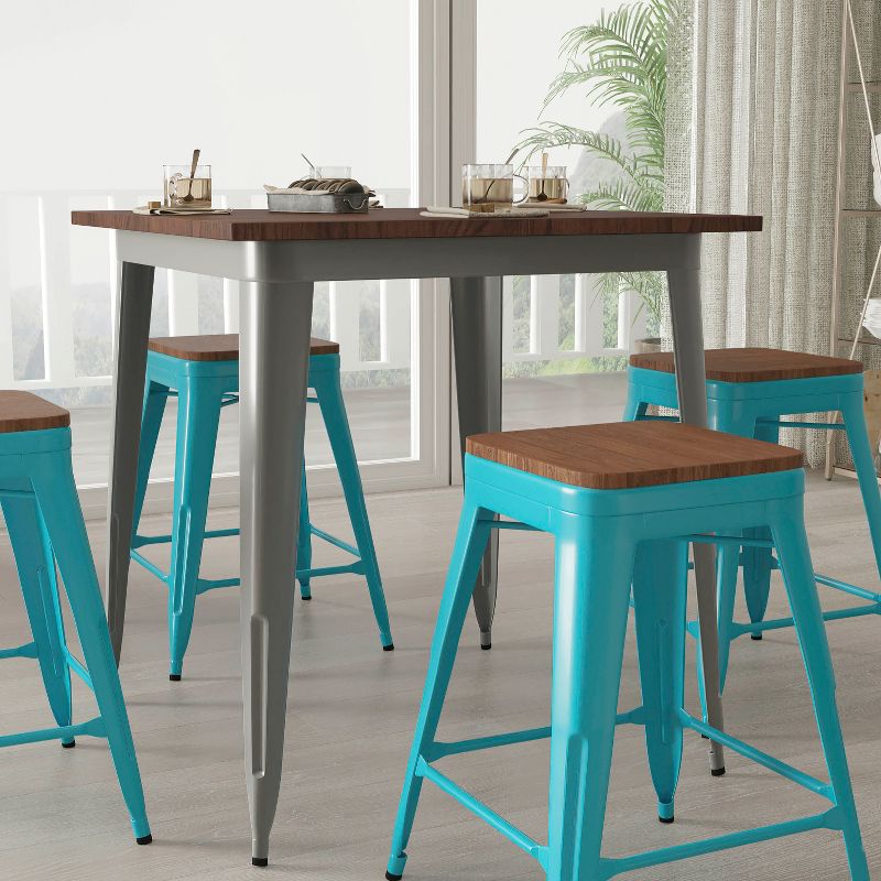 Merrick Lane 24 Inch Tall Stackable Metal Bar Counter Stool With Textured Elm Wood Seat In Set Of 4, 6 of 16
