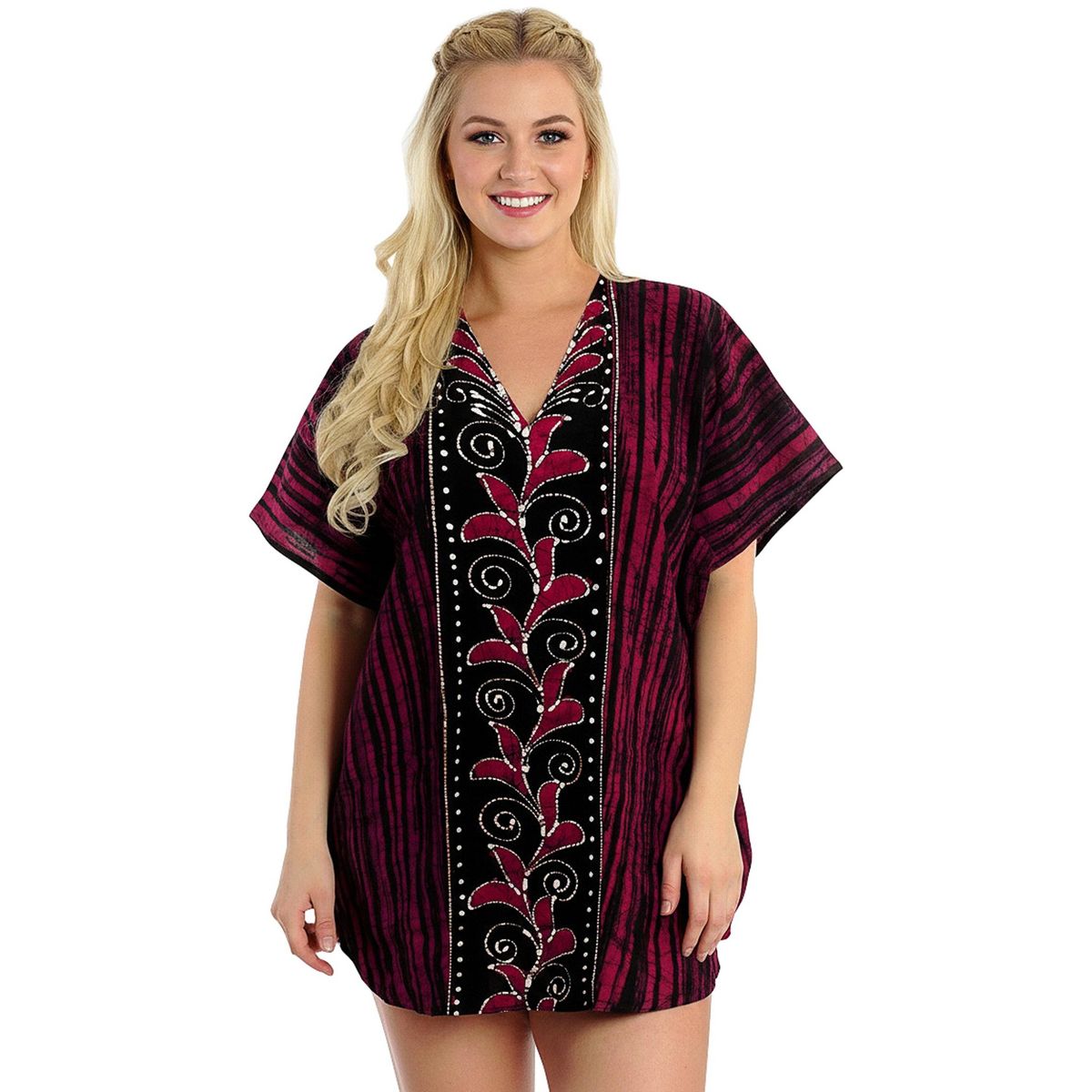LA LEELA Summer Cotton Caftan Tunic Dress for Women Resortwear Vacation Cruise Holiday Loungewear Pregnancy Wear Beach Cover Up 2X-3X Red Paisley