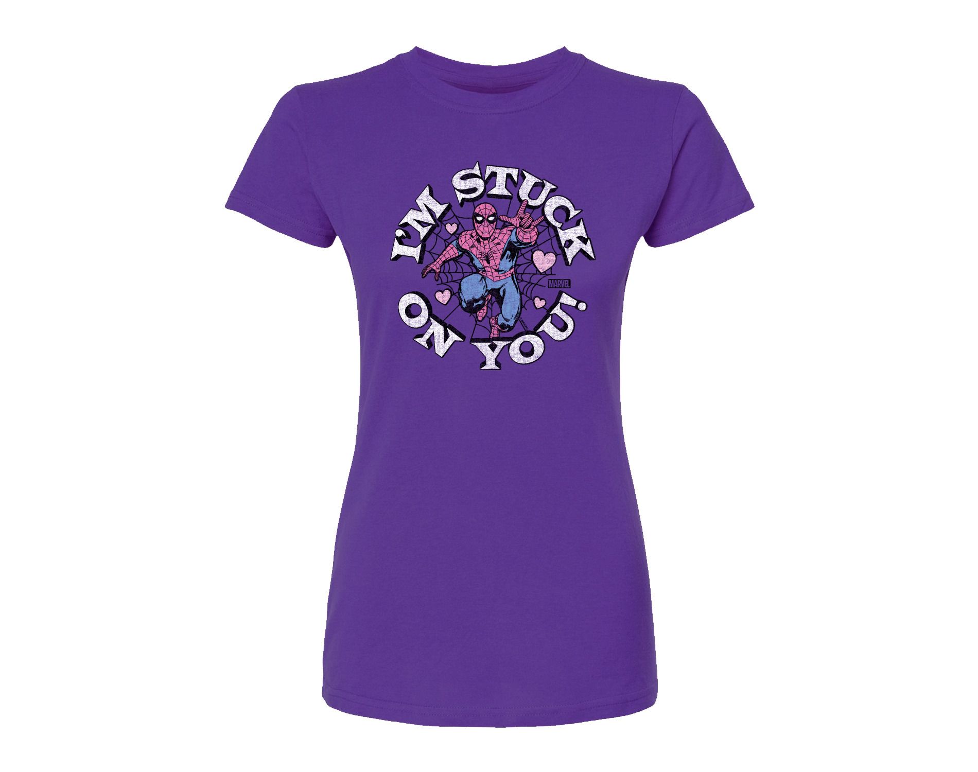 Women's Marvel Spider-man Valentine I'm Stuck On You Fitted Graphic T-Shirt - Purple - Large