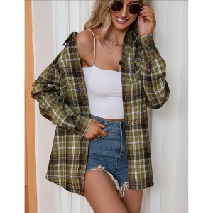 MISSKY Womens Fashion Plaid Flannel Jacket Casual Long Sleeve Button Collared Neck Oversized Shirts - 1 of 4