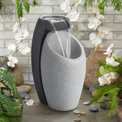 Modern Gray and Black Faux Stone Outdoor Water Fountain with LED Light