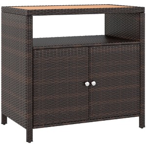 Aghana Digitals Black Outdoor Wicker Storage Cabinet with Acacia Wood Top, 2 Doors & Shelf – - 1 of 4